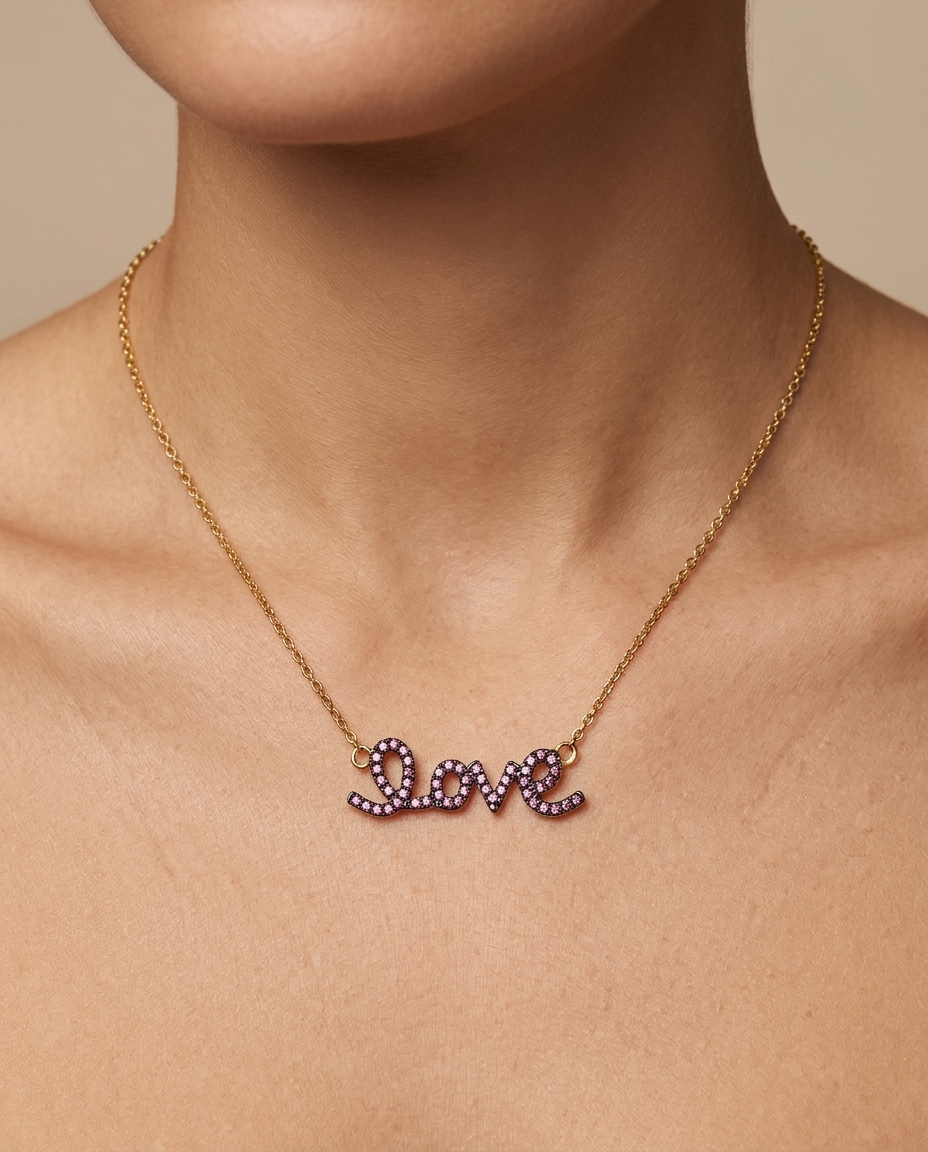 14KT Gold Pink Sapphire Love Necklace on model