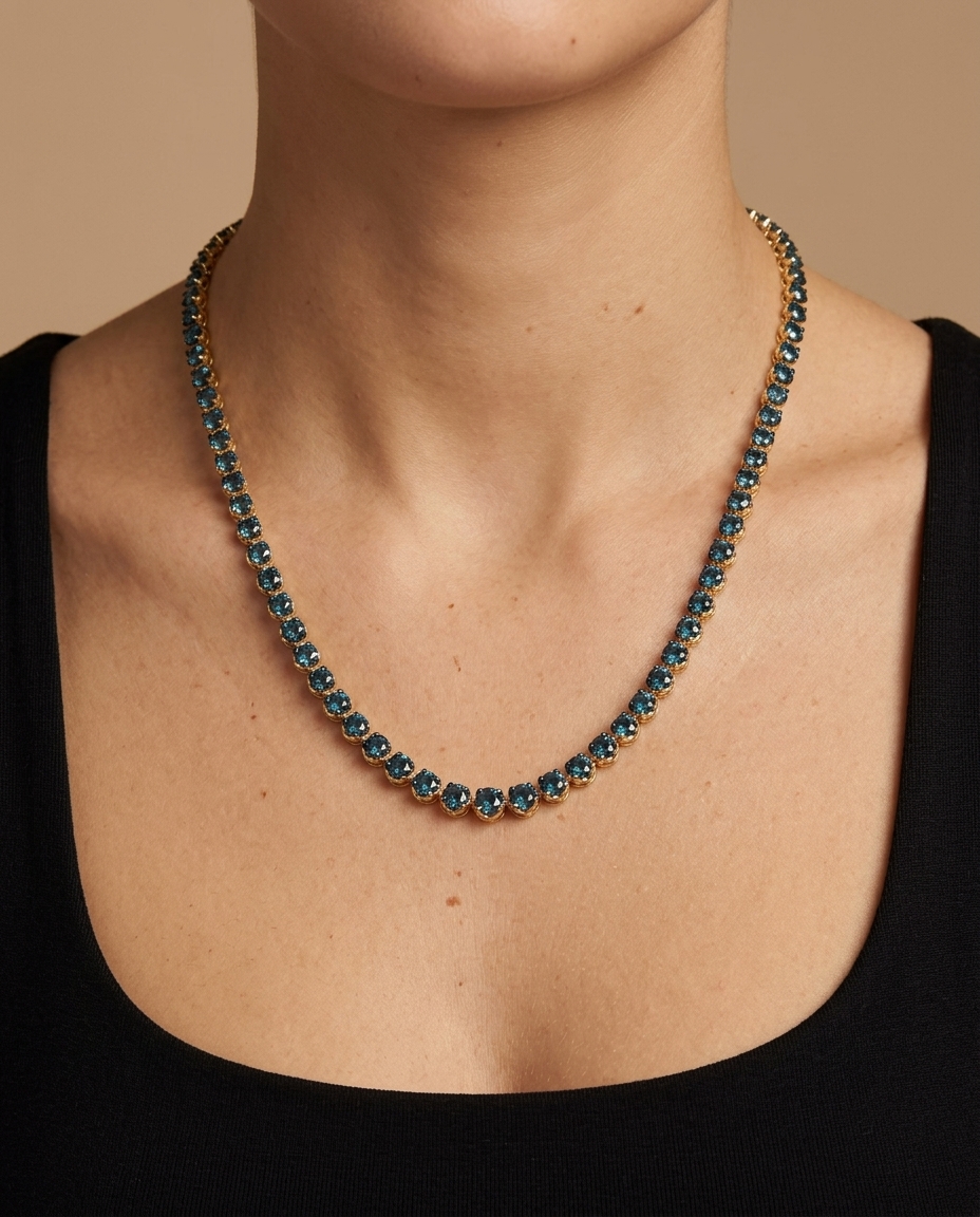 14KT Gold Blue Diamond Tennis Necklace (10.00 CTS) on model