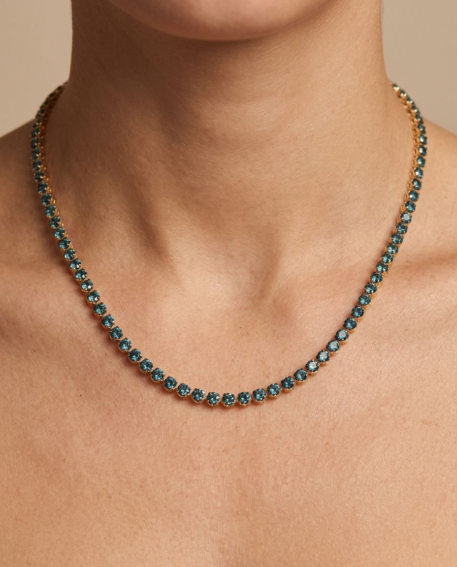 14KT Gold Blue Diamond Tennis Necklace (10.00 CTS) on model