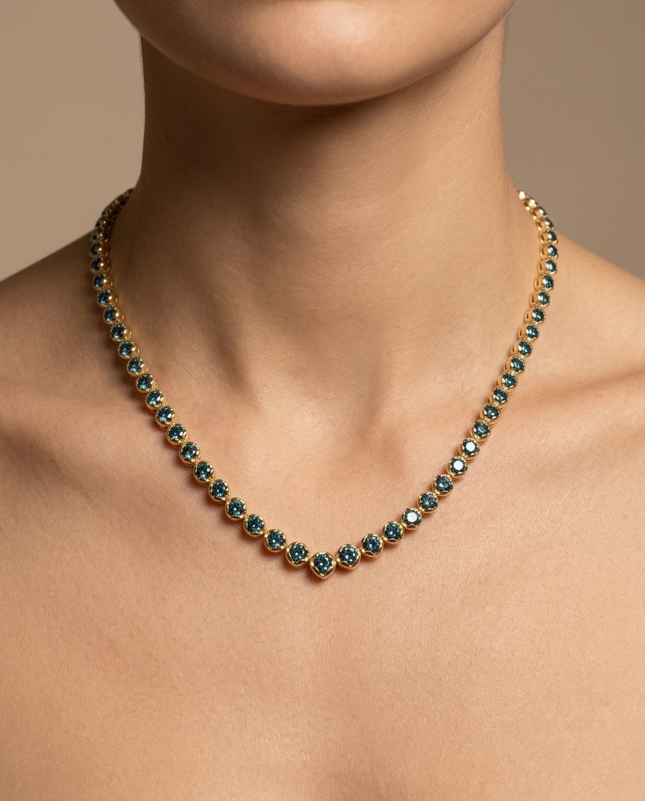 14KT Gold Blue Diamond Tennis Necklace (13.00 CTS) on model