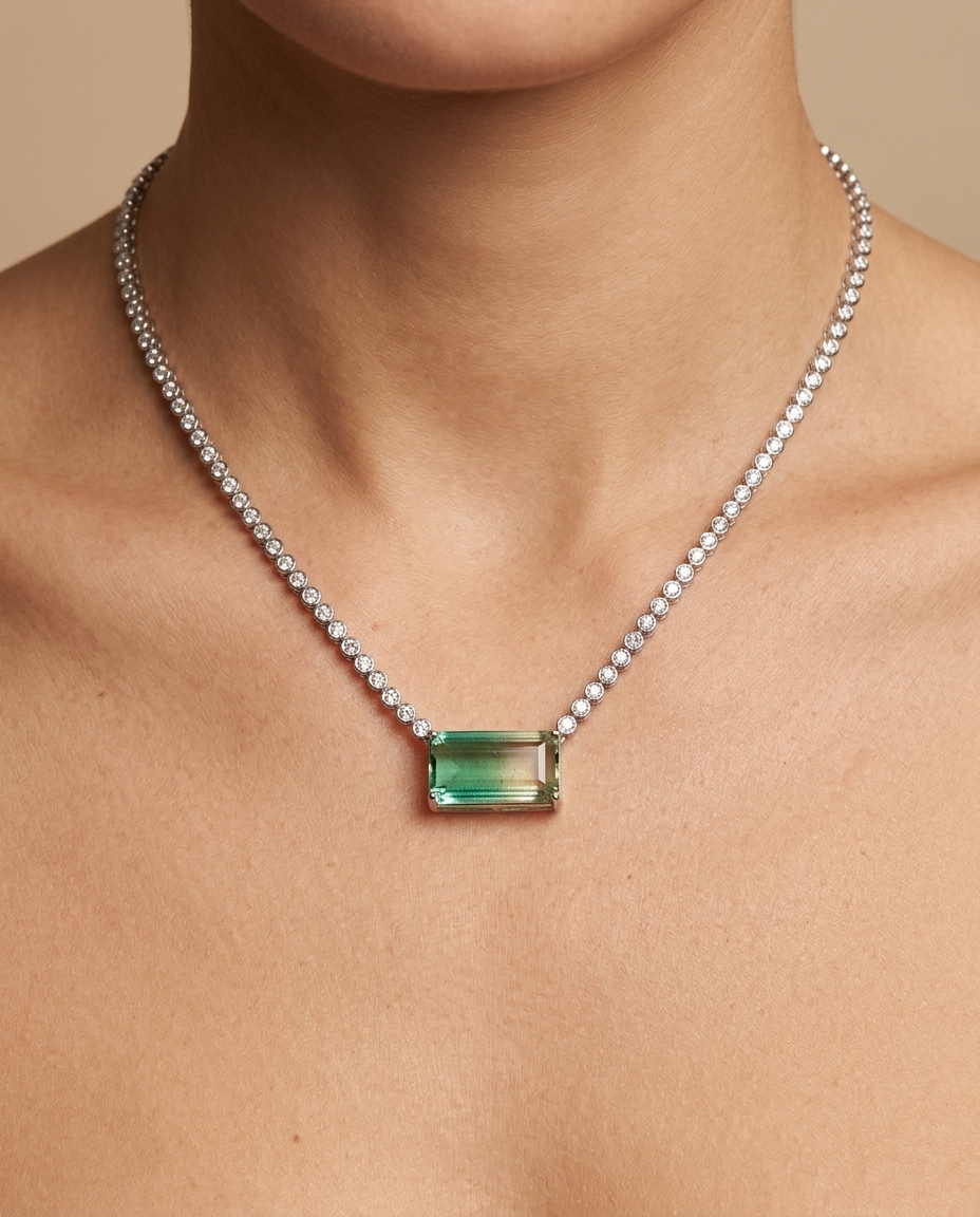 14KT White Gold Green Tourmaline and Diamond Bezel Tennis Necklace on model