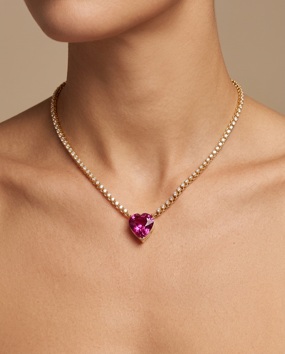 14KT Yellow Gold Pink Tourmaline and Diamond Bezel Tennis Necklace on model