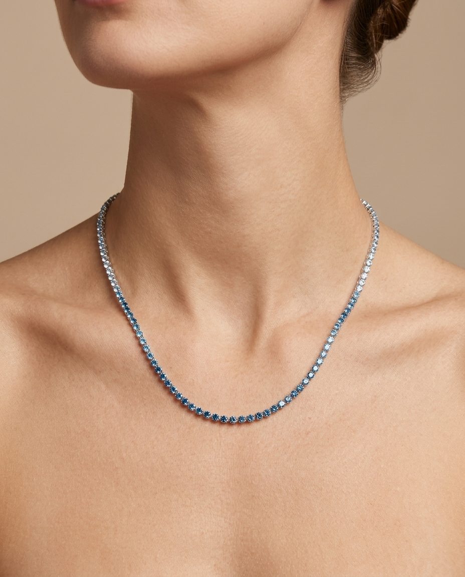 14KT White Gold Blue Diamond Bezel Tennis Necklace on model
