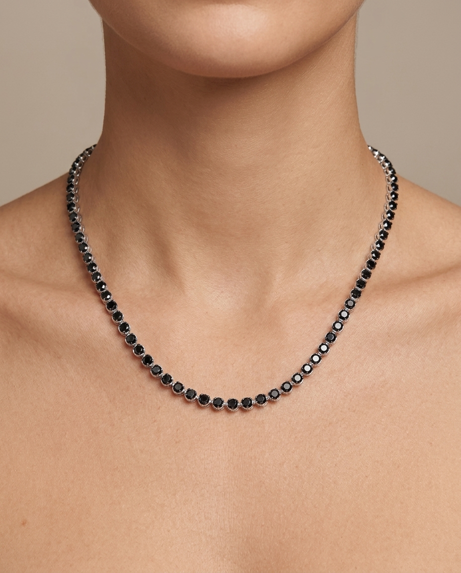 14KT Gold Black Diamond Tennis Necklace on model