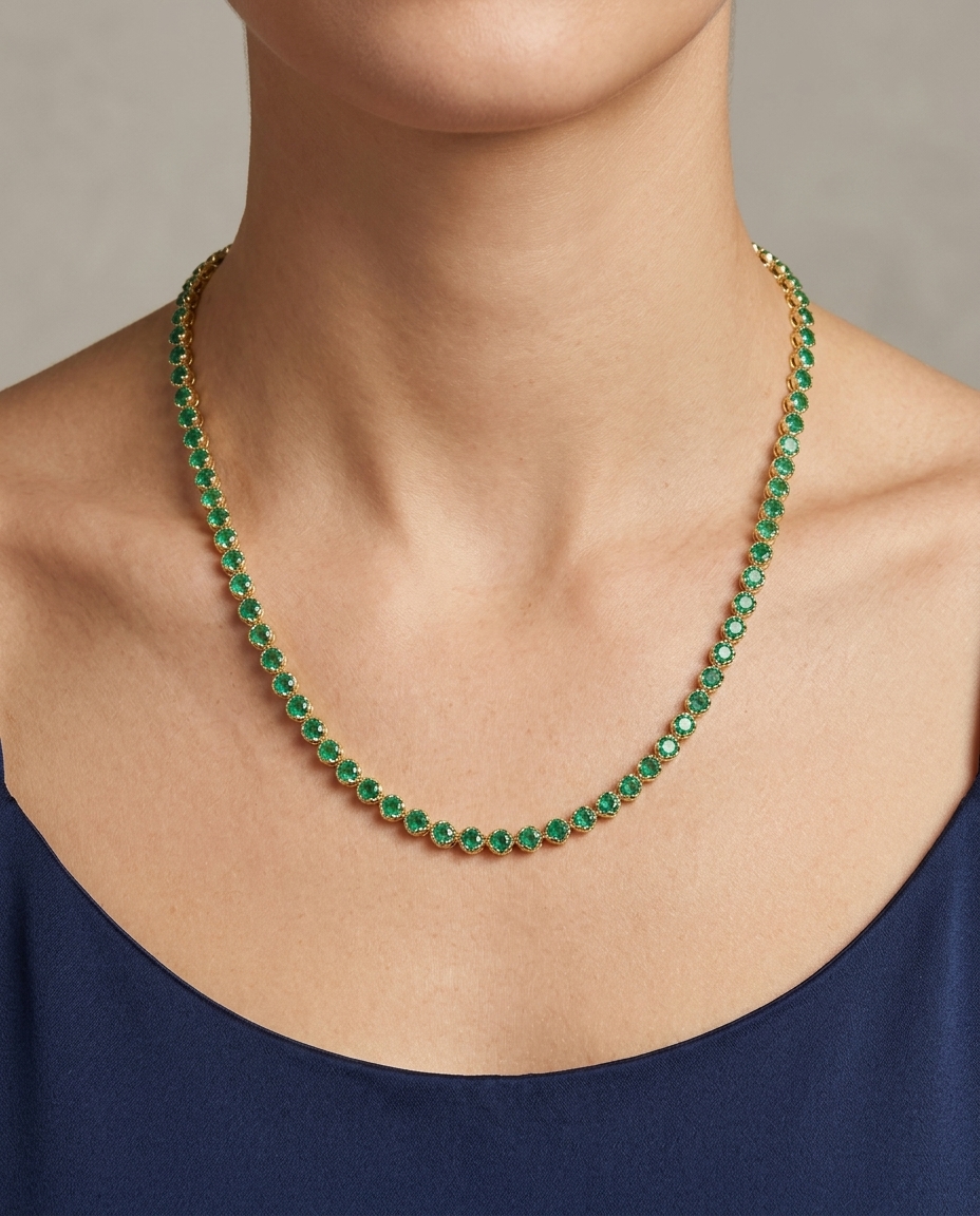 14KT Gold Emerald Tennis Necklace (8.00 CTS) on model