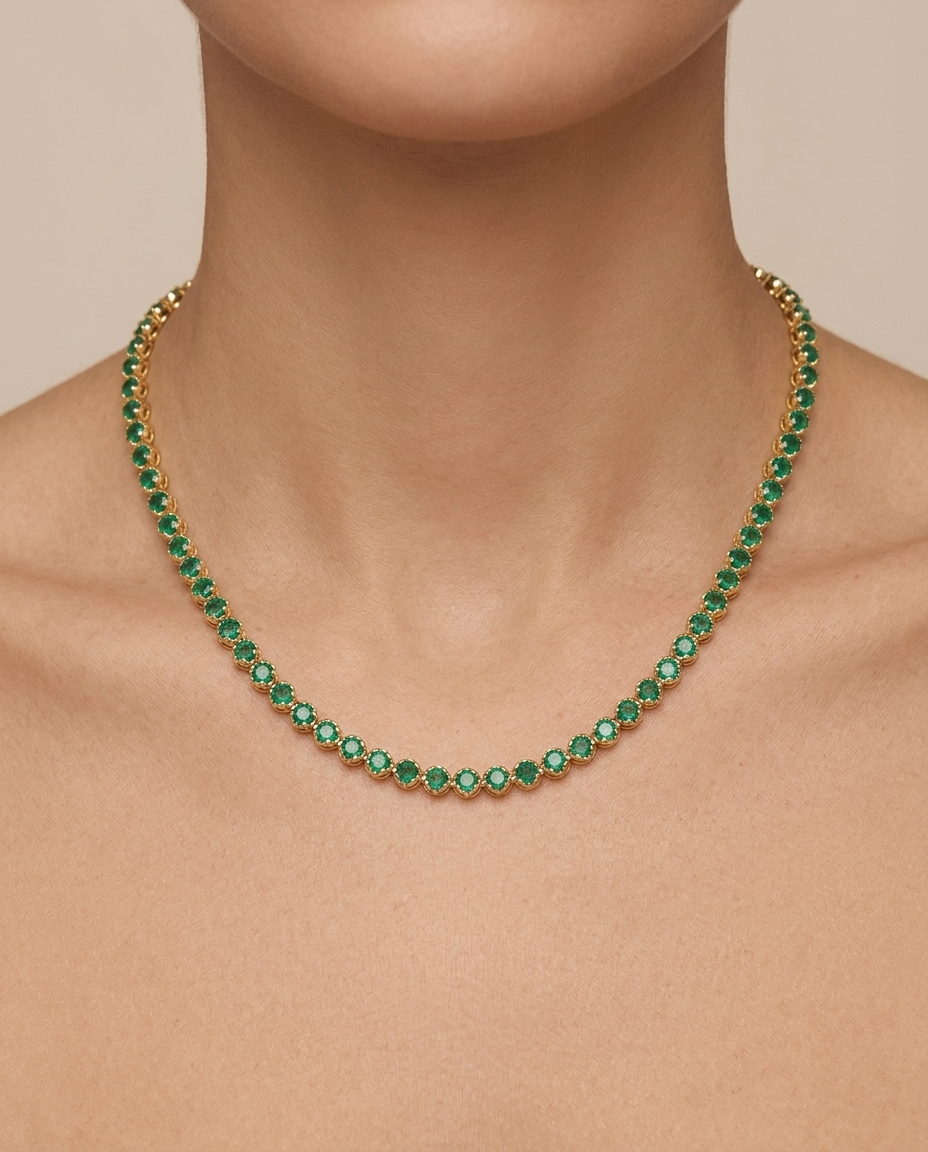 14KT Gold Emerald Tennis Necklace (8.00 CTS) on model