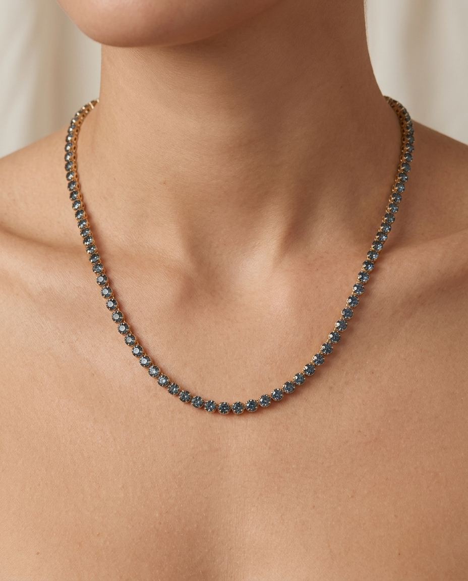 14KT Gold Blue Diamond Tennis Necklace (3.00 CTS) on model