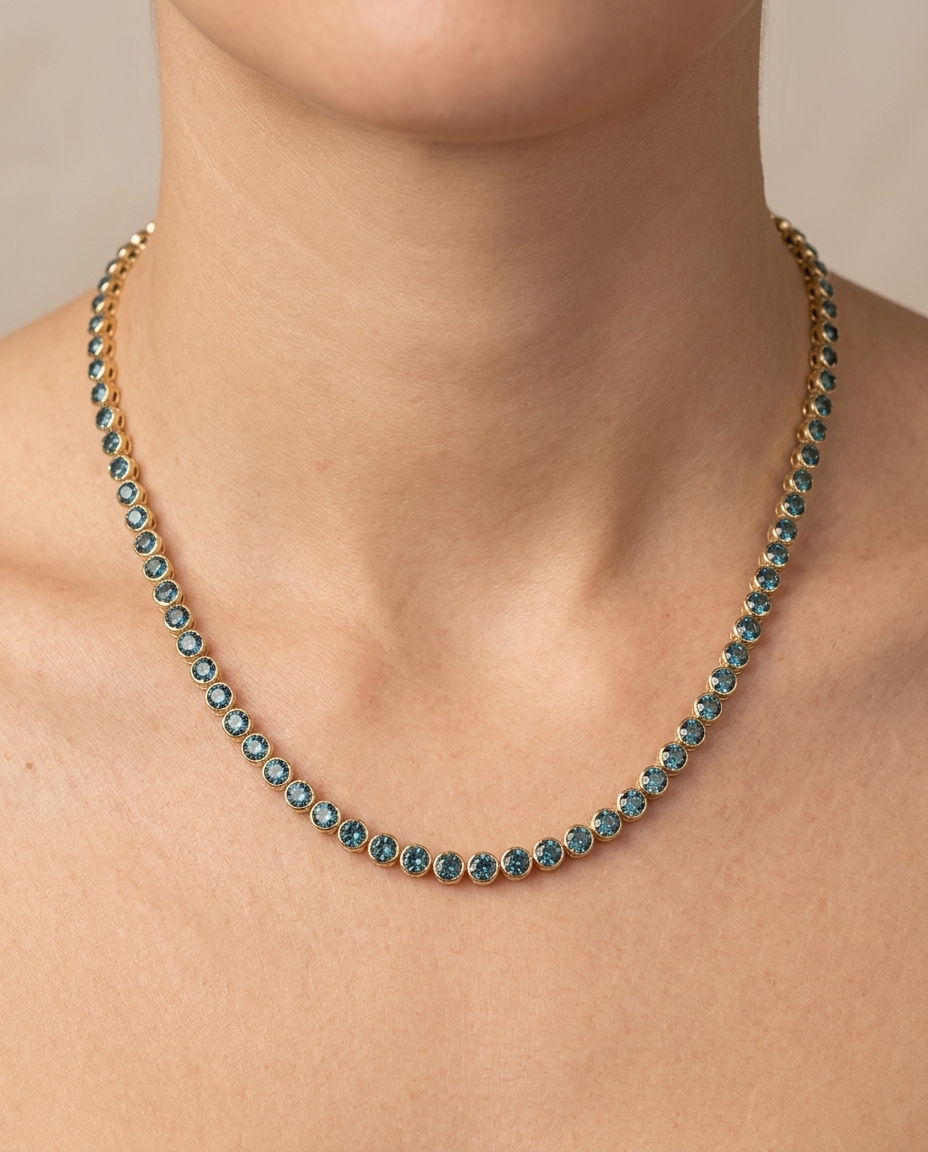 14KT Gold Blue Diamond Tennis Necklace (3.00 CTS) on model