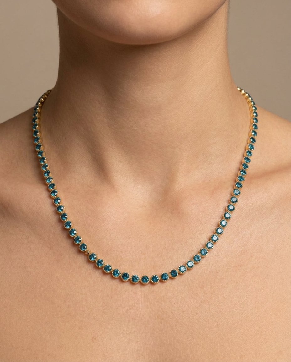 14KT Gold Blue Diamond Tennis Necklace (5.00 CTS) on model