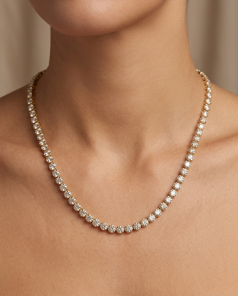 14KT Gold Champagne Diamond Tennis Necklace (5.00 CTS) on model
