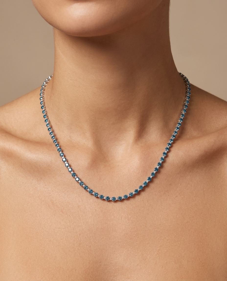 14KT Gold Blue Diamond Tennis Necklace (7.00 CTS) on model
