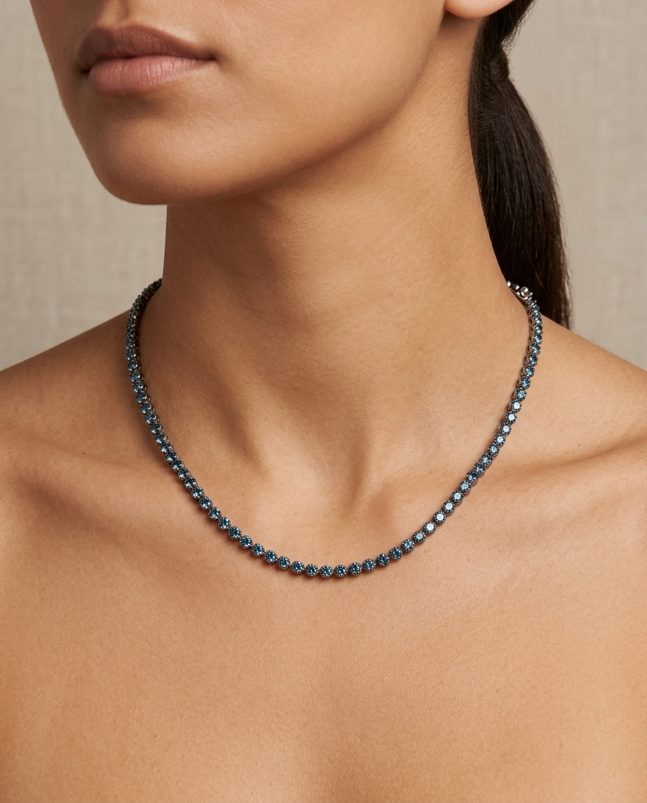 14KT Gold Blue Diamond Tennis Necklace (7.00 CTS) on model