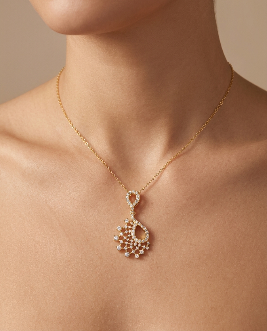 14KT Gold Diamond Necklace on model
