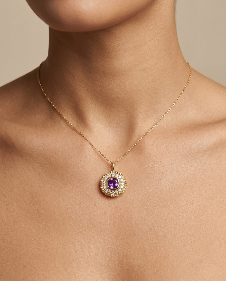 14KT Yellow Gold Amethyst Circle Necklace on model