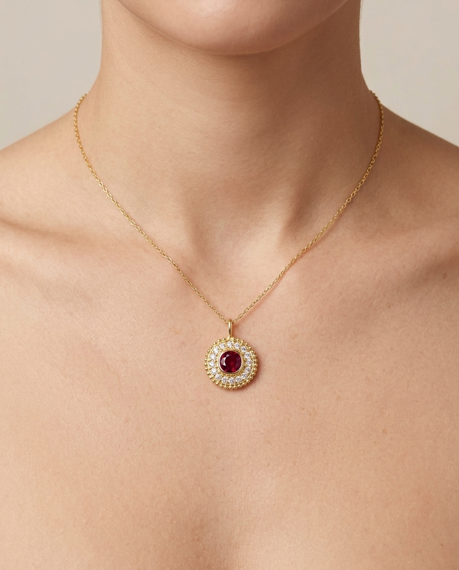 14KT Yellow Gold Garnet Circle Necklace on model