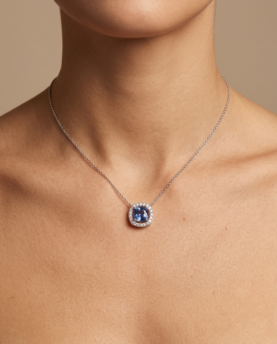 14KT White Gold Sapphire and Diamonds Necklace on model