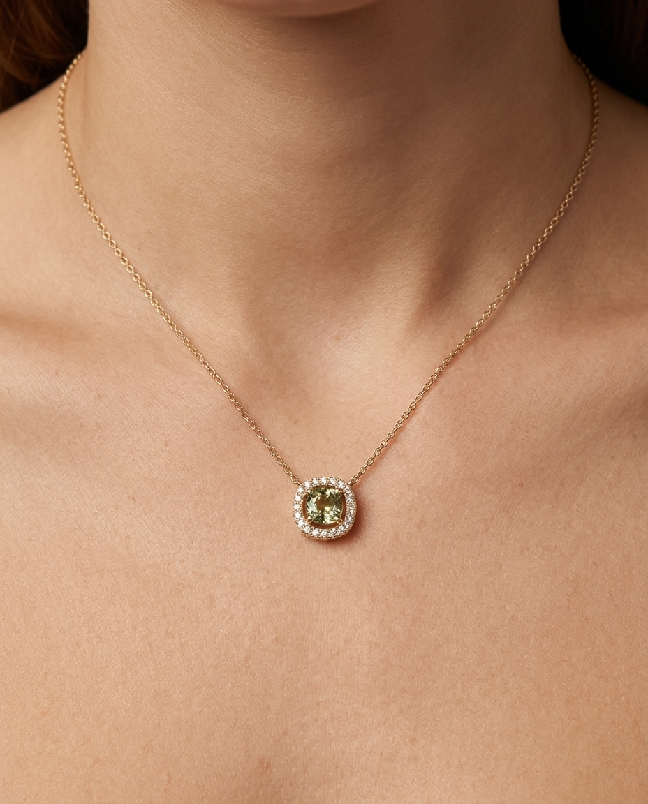 14KT Yellow Gold Green Sapphire and Diamonds Necklace on model