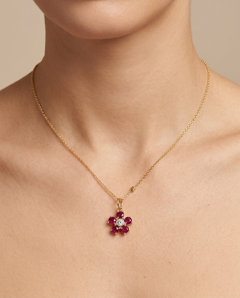 14KT Yellow Gold Flower with Diamonds and Ruby Necklace on model