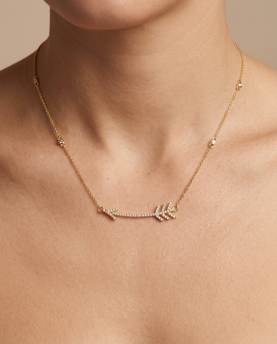 14KT Yellow Gold Arrow Pendant with Diamond Necklace on model