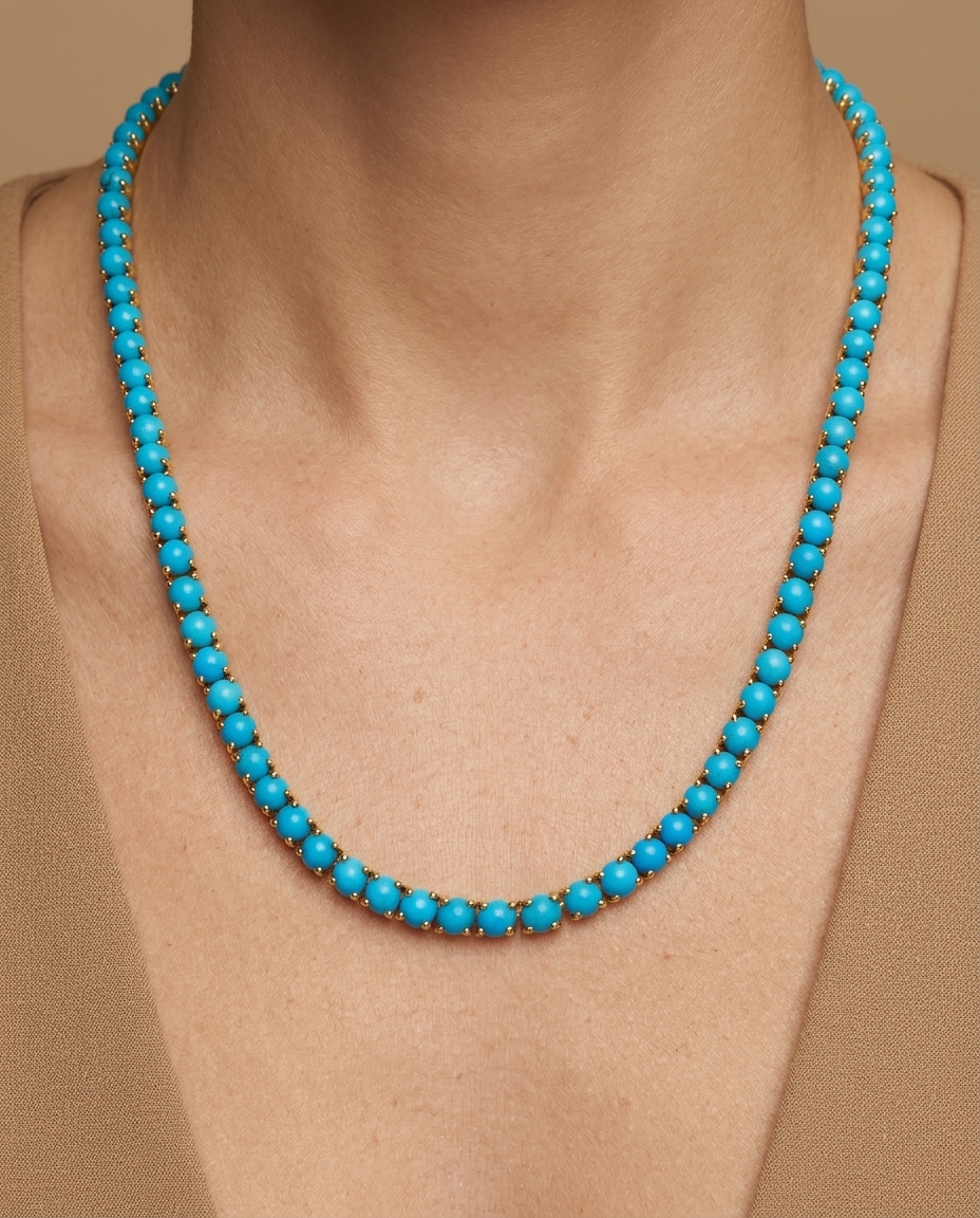 14KT Yellow Gold Turquoise Tennis Necklace on model