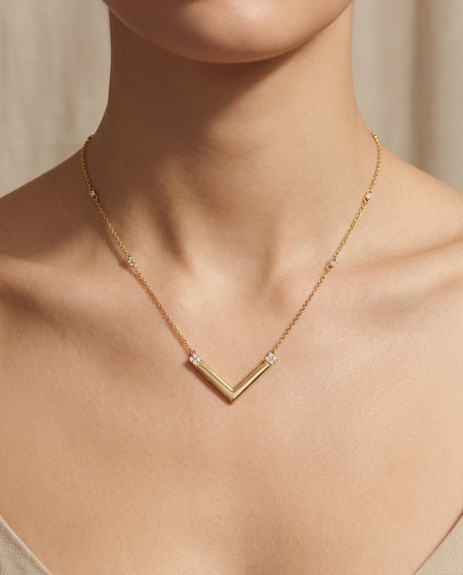 14KT Yellow Gold V Shape Bar Diamond Necklace on model
