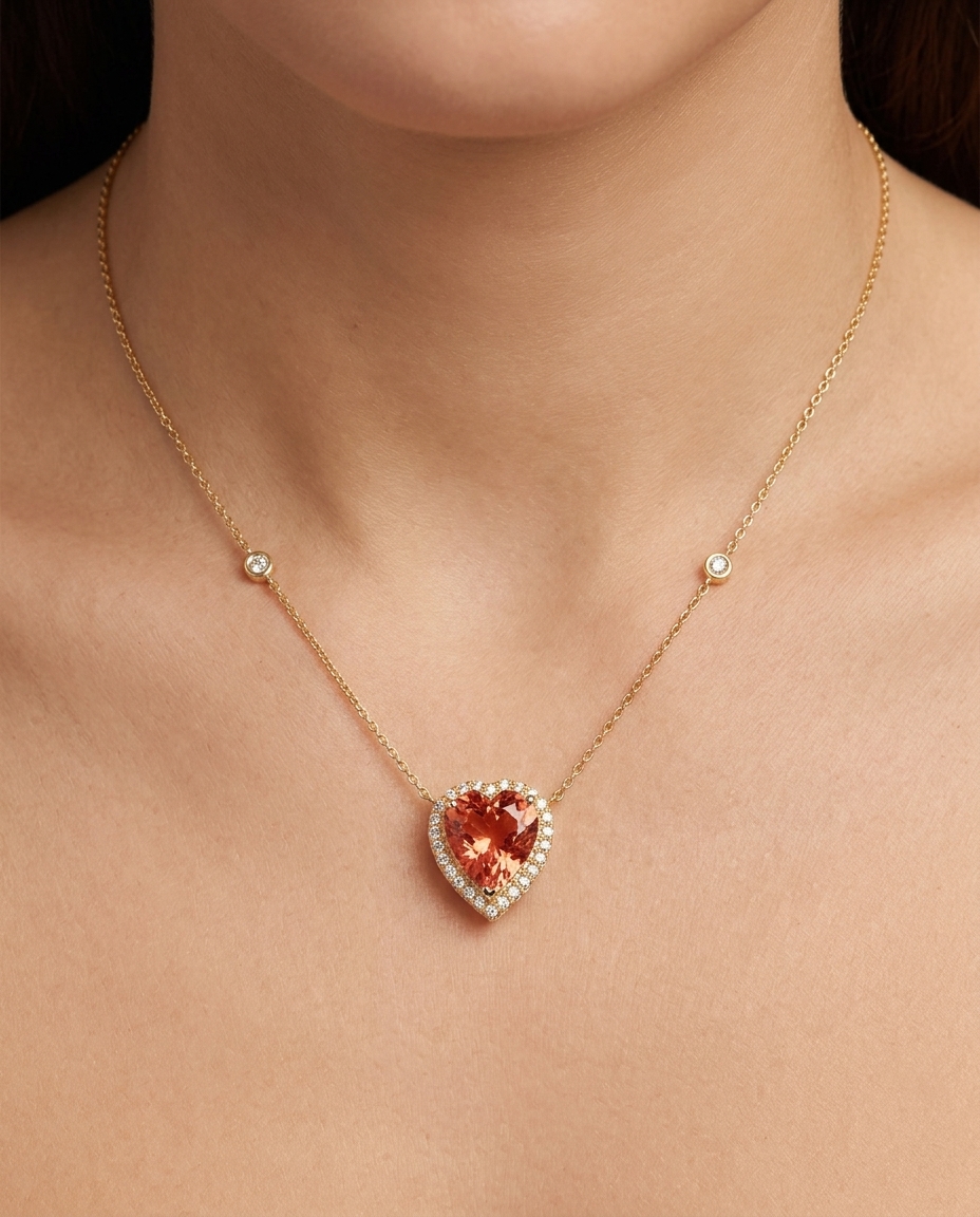 14KT Yellow Gold Heart Shape Pink Tourmaline and Diamonds Necklace on model