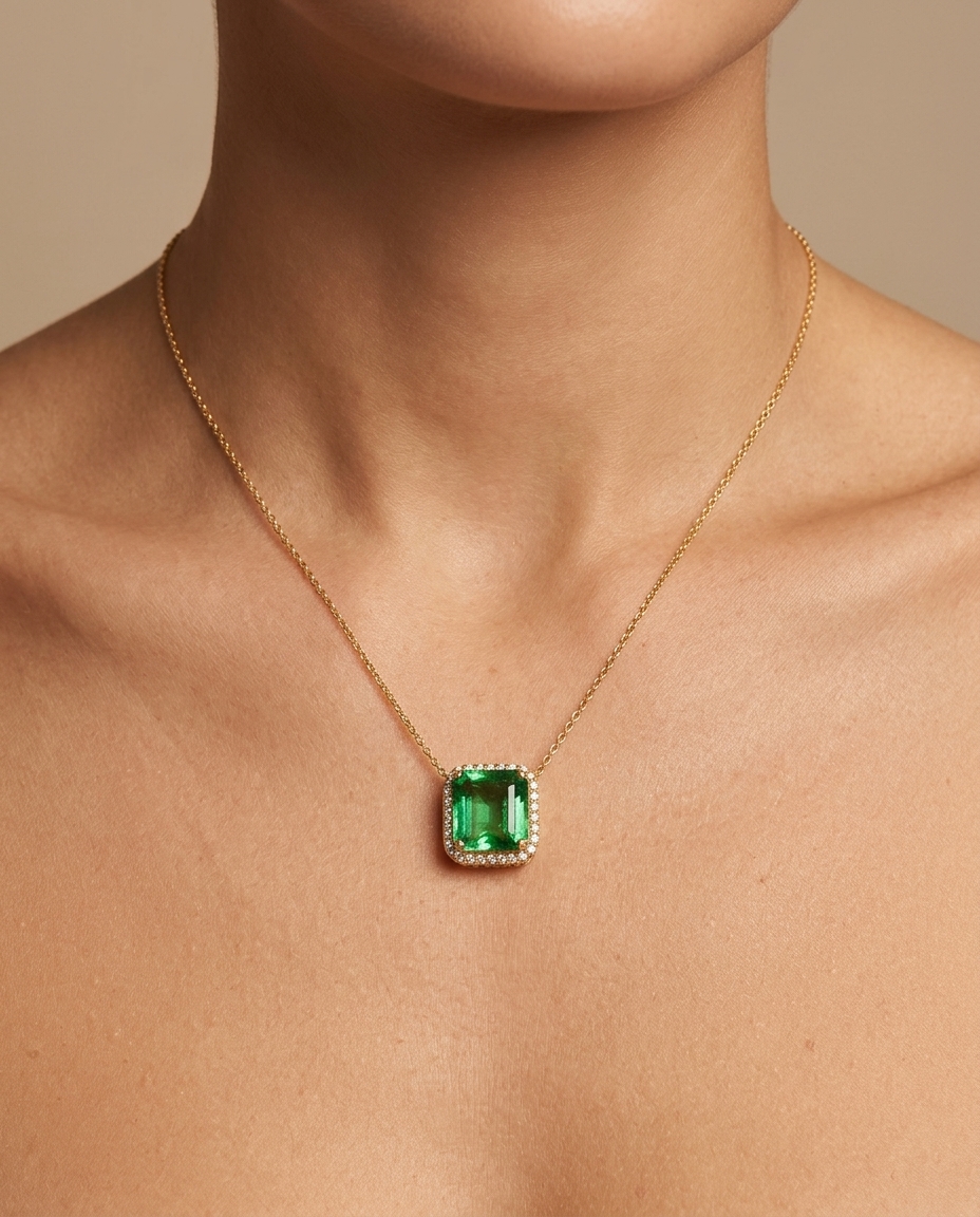 14KT Yellow Gold Green Tourmaline and Diamond Necklace on model