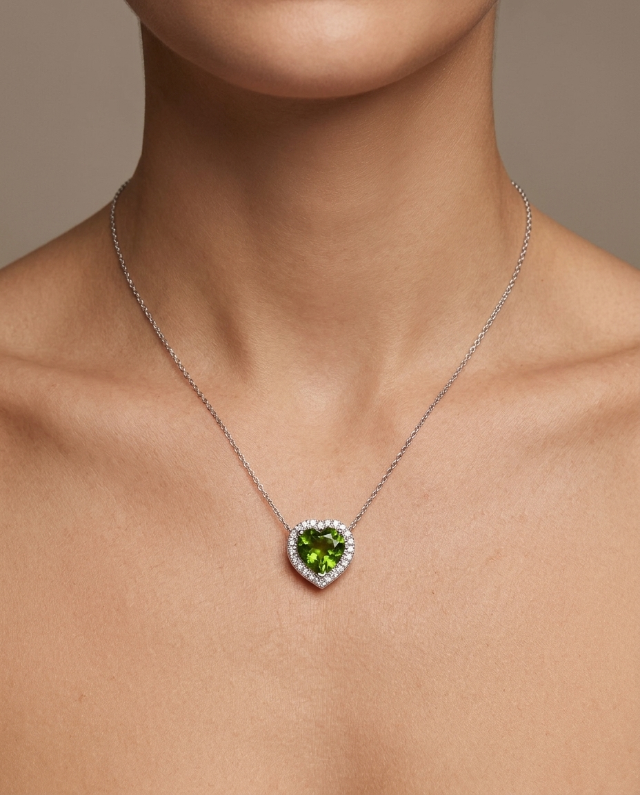 14KT White Gold Green Tourmaline and Diamond Necklace on model