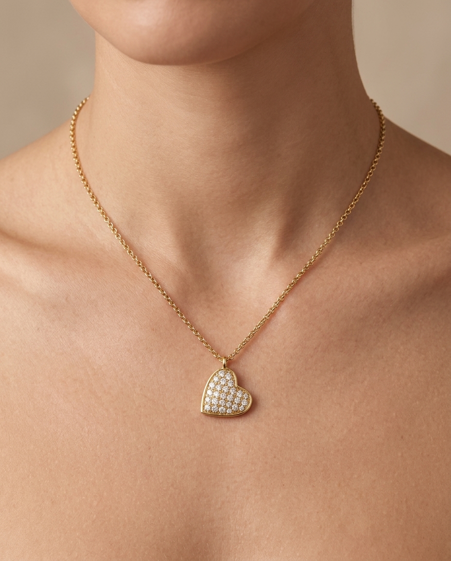 14KT Gold Diamond Heart Shape Necklace on model