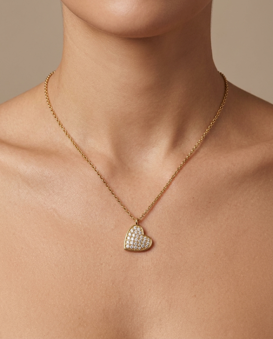14KT Gold Diamond Heart Shape Necklace on model