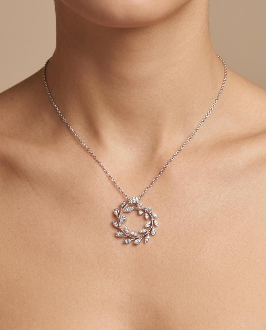14KT Gold Diamond Leaf Necklace on model