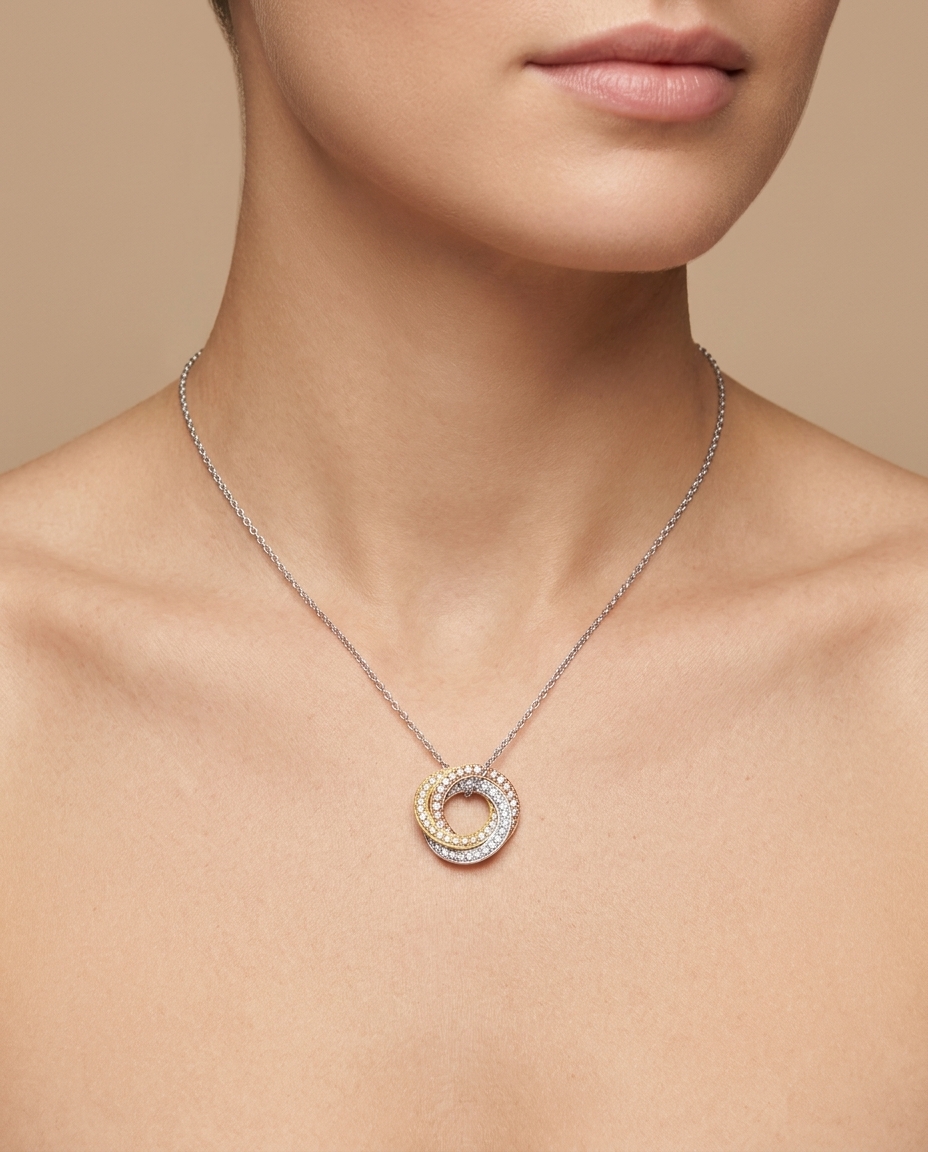 18KT Three Tone Gold Diamond Open Circle Necklace on model