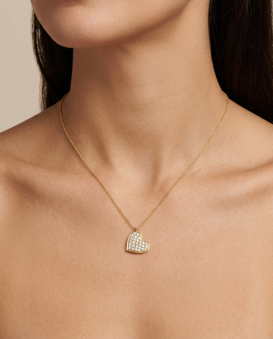 18KT Gold Diamond Heart Necklace on model