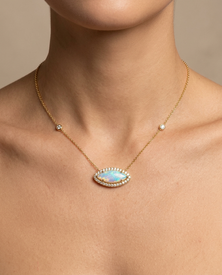 14KT Yellow Gold Marquise Shape Opal and Diamonds Necklace on model