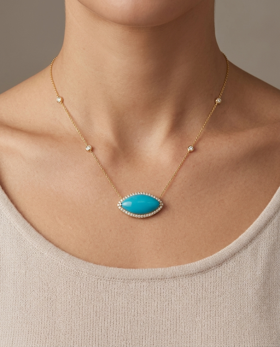 14KT Yellow Gold Marquise Shape Turquoise and Diamonds Necklace on model