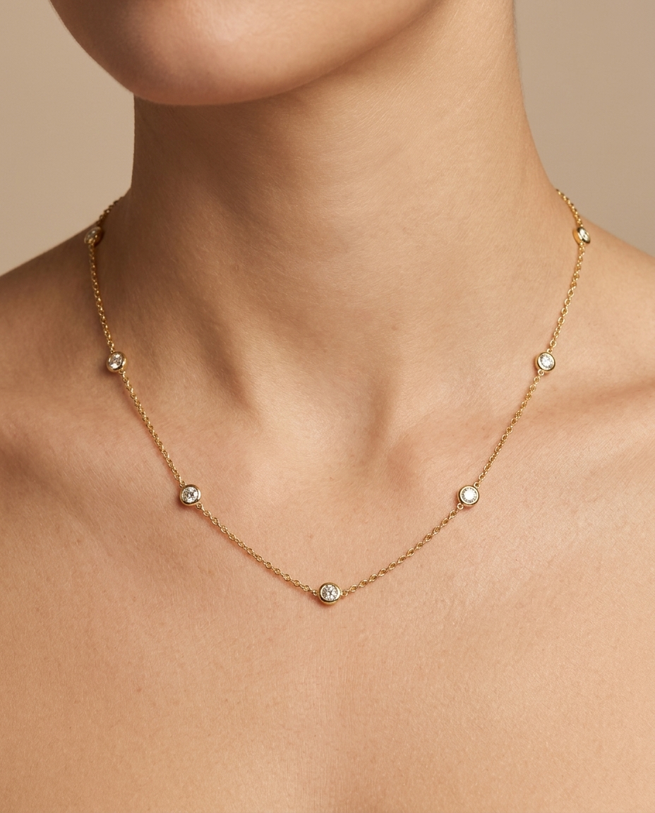 14KT Gold Bezelled Diamond Station Necklace 0.33 Cts on model