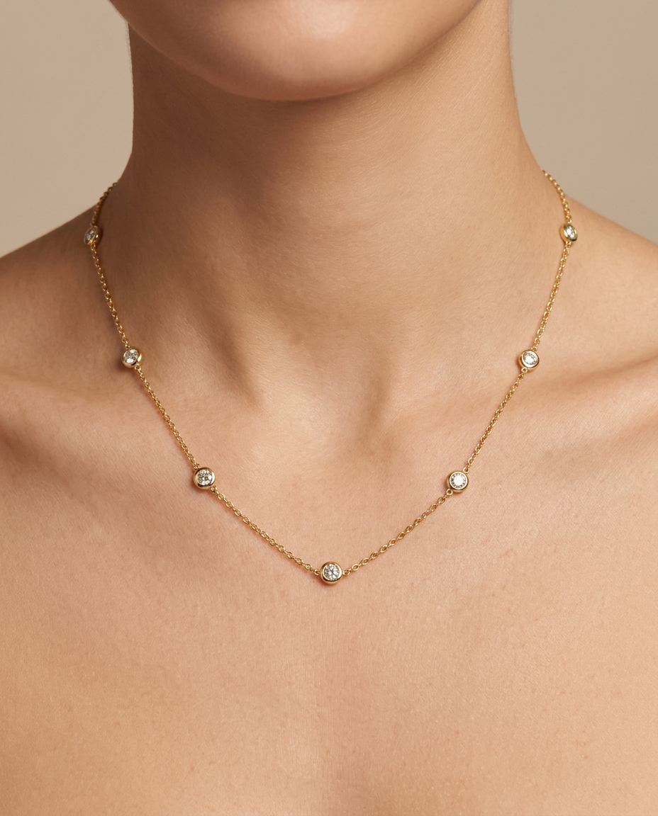 14KT Gold Bezelled Diamond Station Necklace 0.50 Cts on model