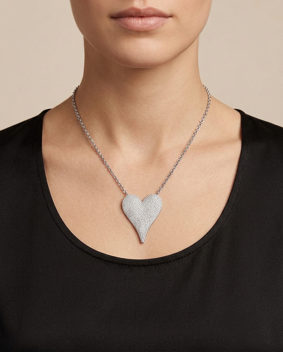 14KT White Gold Diamond Pointed Heart Necklace on model