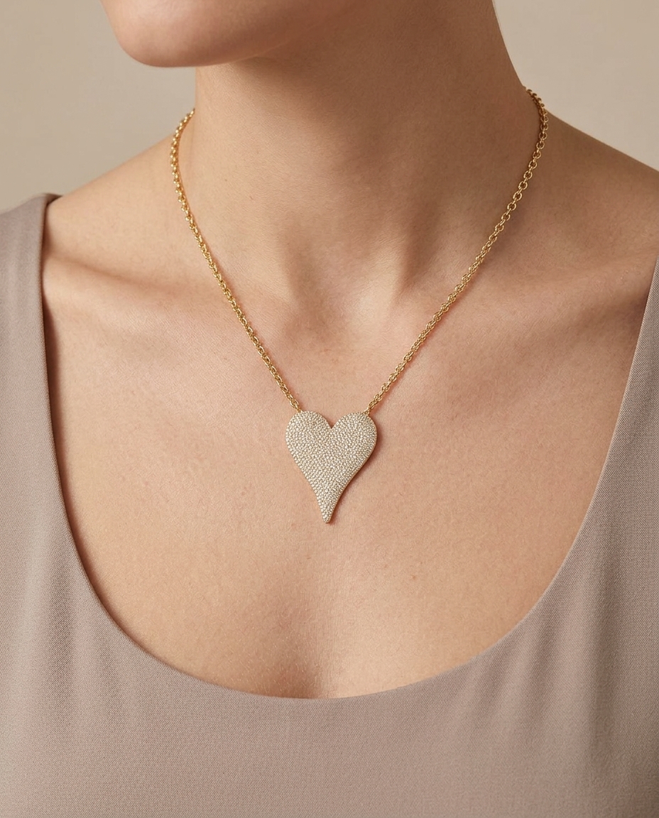 14KT Yellow Gold Diamond Pointed Heart Necklace on model