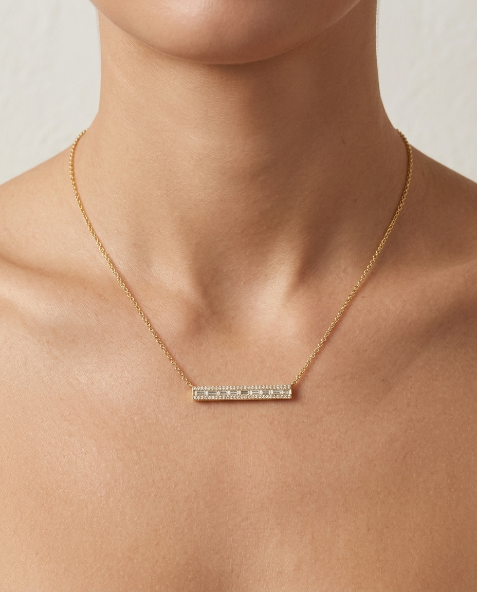 18KT Gold Diamond Bar Necklace on model