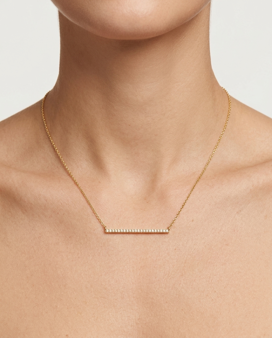 18KT Gold Diamond Bar (26.5MM) Necklace on model