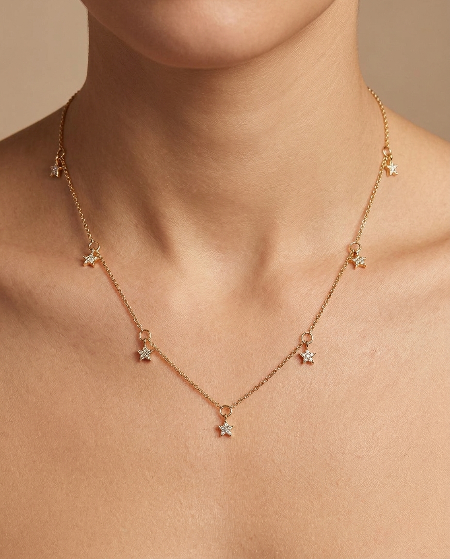 14KT Gold Diamond Dangline Star Necklace on model