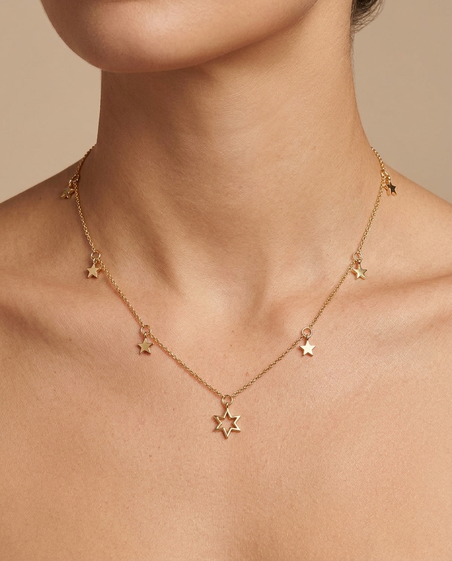 14KT Gold Diamond Dangline Star Necklace on model