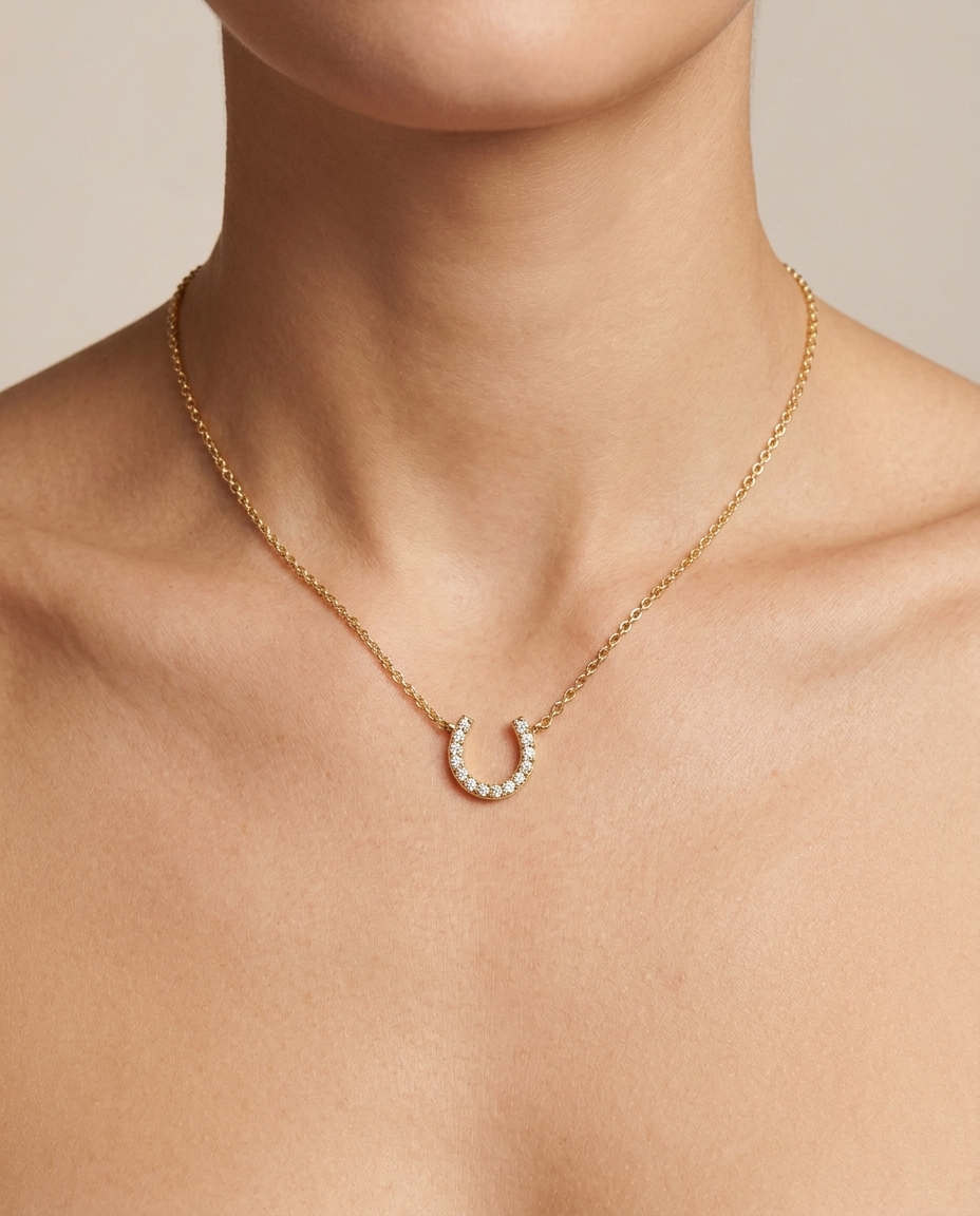 14KT Gold Diamond Horseshoe Necklace on model