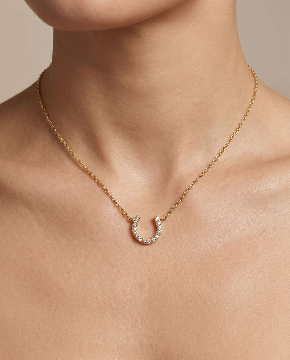 14KT Gold Diamond Horseshoe Necklace on model