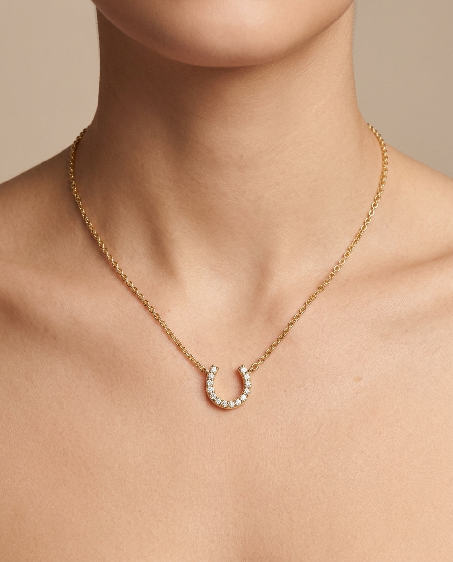 14KT Gold Diamond Horseshoe Necklace on model