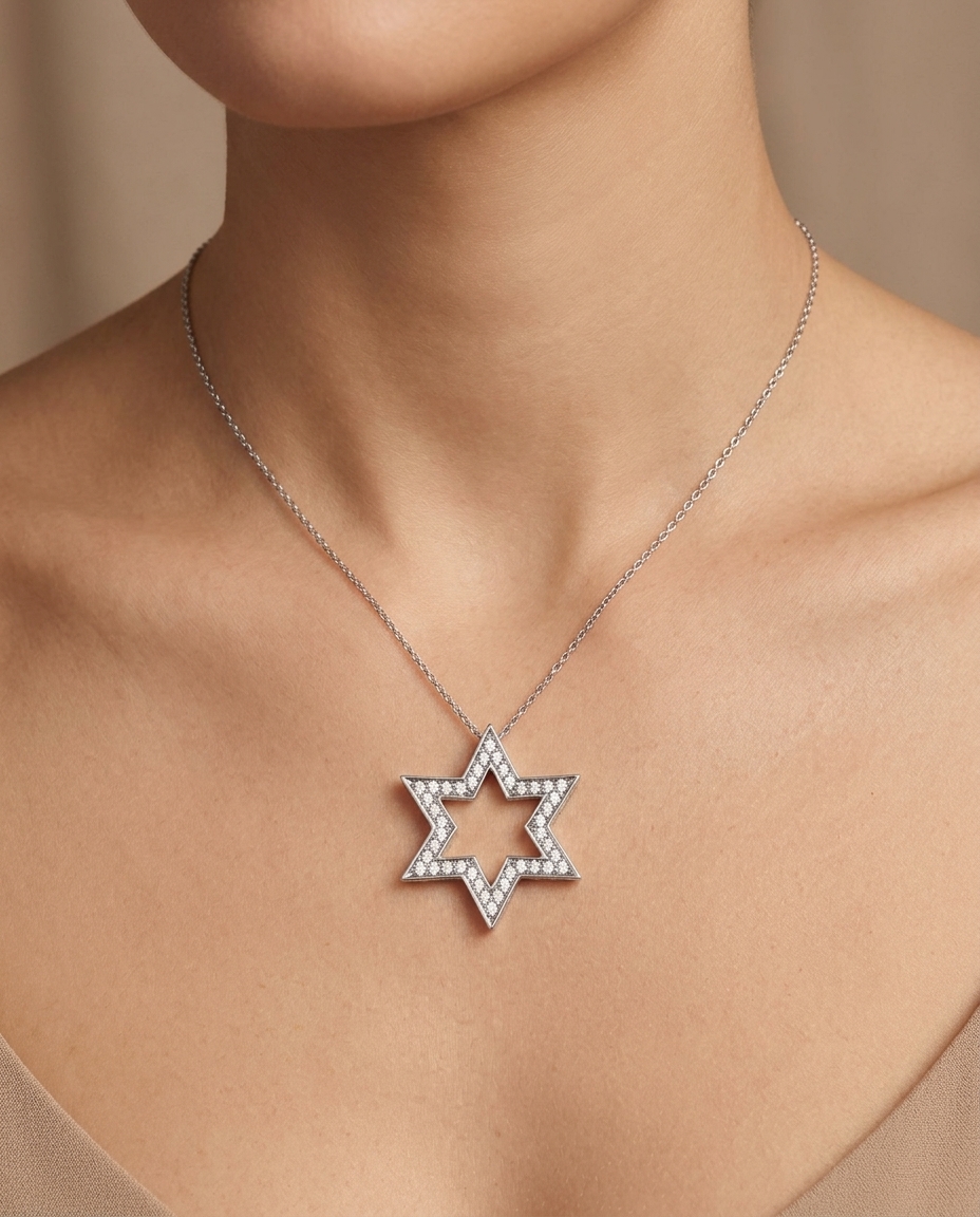 14KT White Gold Diamond Star Necklace on model