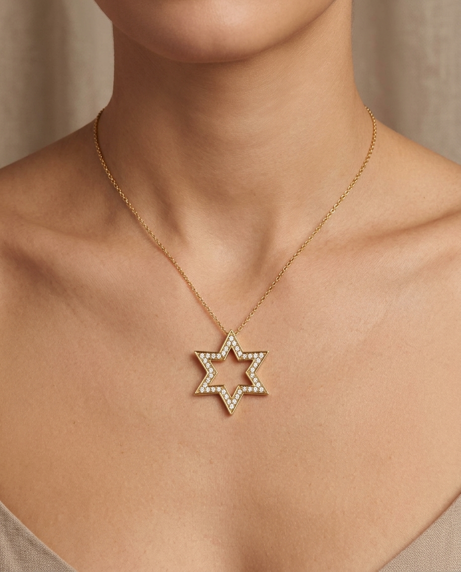 14KT Yellow Gold Diamond Star Necklace on model