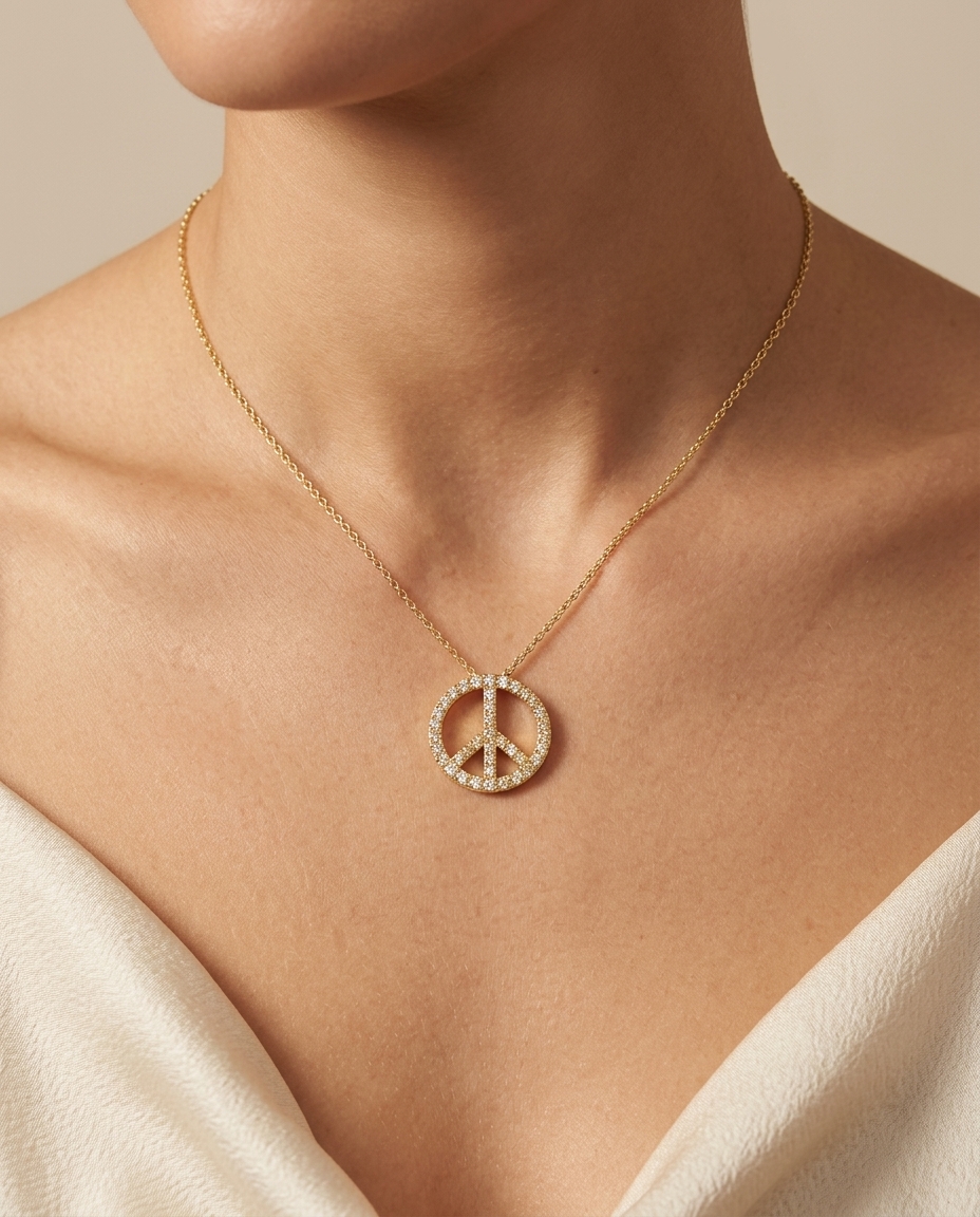 14KT Gold Diamond Peace Sign Necklace on model