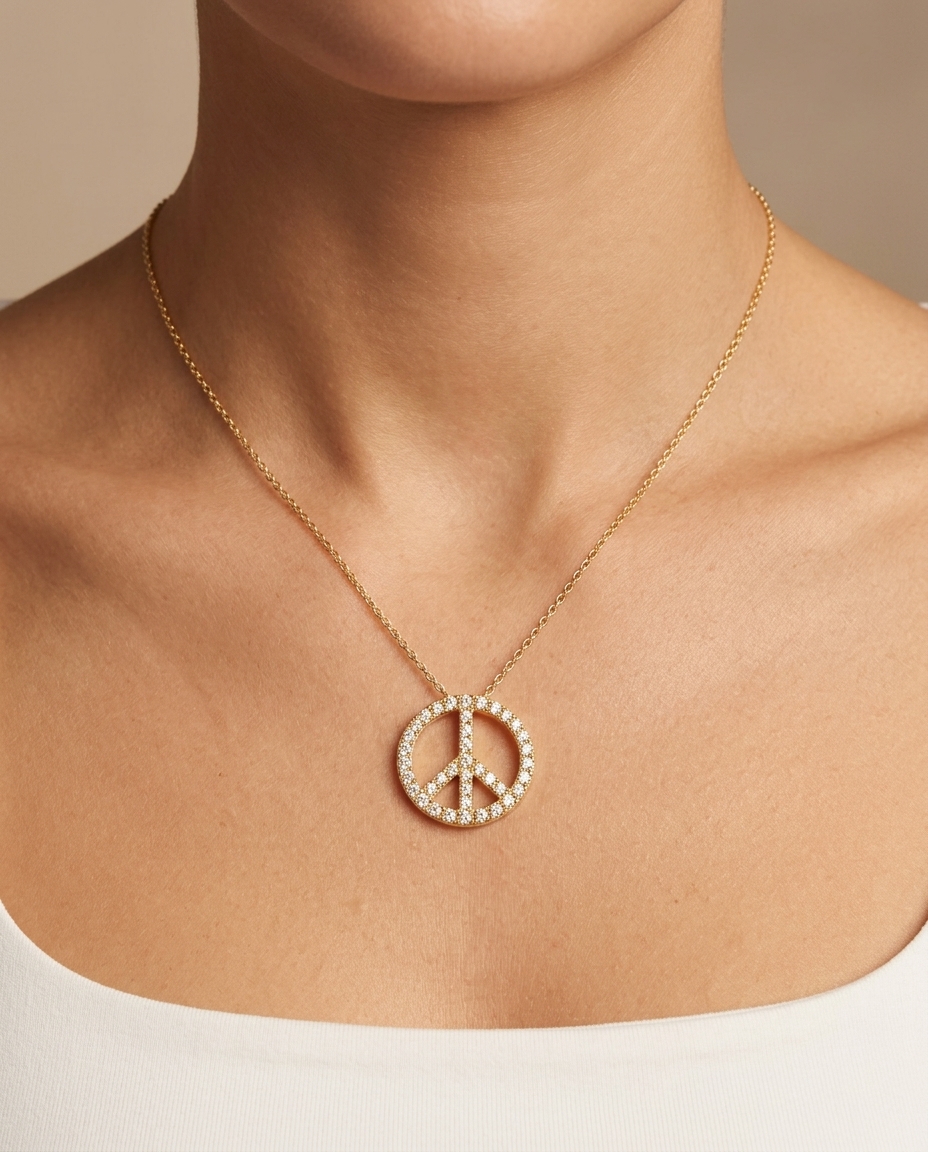18KT Gold Diamond Peace Sign Necklace on model